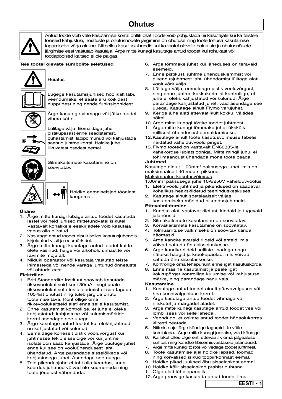 Ohutus, Eesti - 1 | Flymo SCIROCCO 2200 User Manual | Page 43 / 52