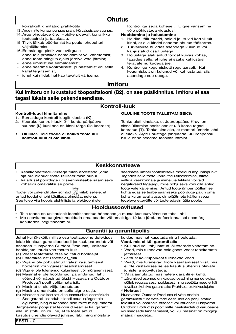 Ohutus, Imitoru, Keskkonnateave | Garantii ja garantiipoliis, Hooldussoovitused, Kontroll-luuk, Eesti - 2 | Flymo SCIROCCO 2200 User Manual | Page 44 / 52