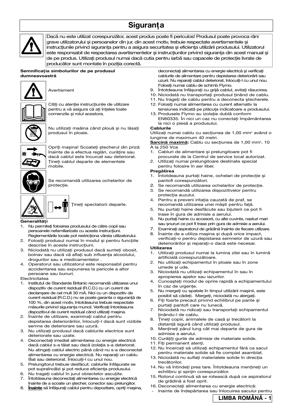 Siguranţa, Limba român^ - 1 | Flymo SCIROCCO 2200 User Manual | Page 47 / 52