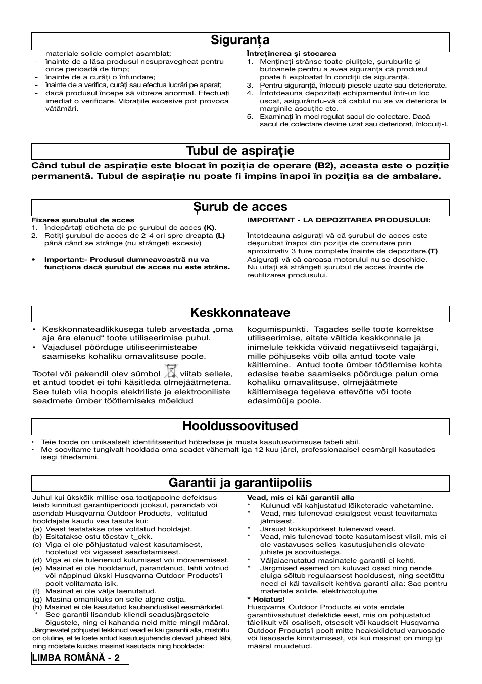 Siguranţa, Keskkonnateave, Garantii ja garantiipoliis | Hooldussoovitused, Șurub de acces, Tubul de aspiraţie, Limba român^ - 2 | Flymo SCIROCCO 2200 User Manual | Page 48 / 52