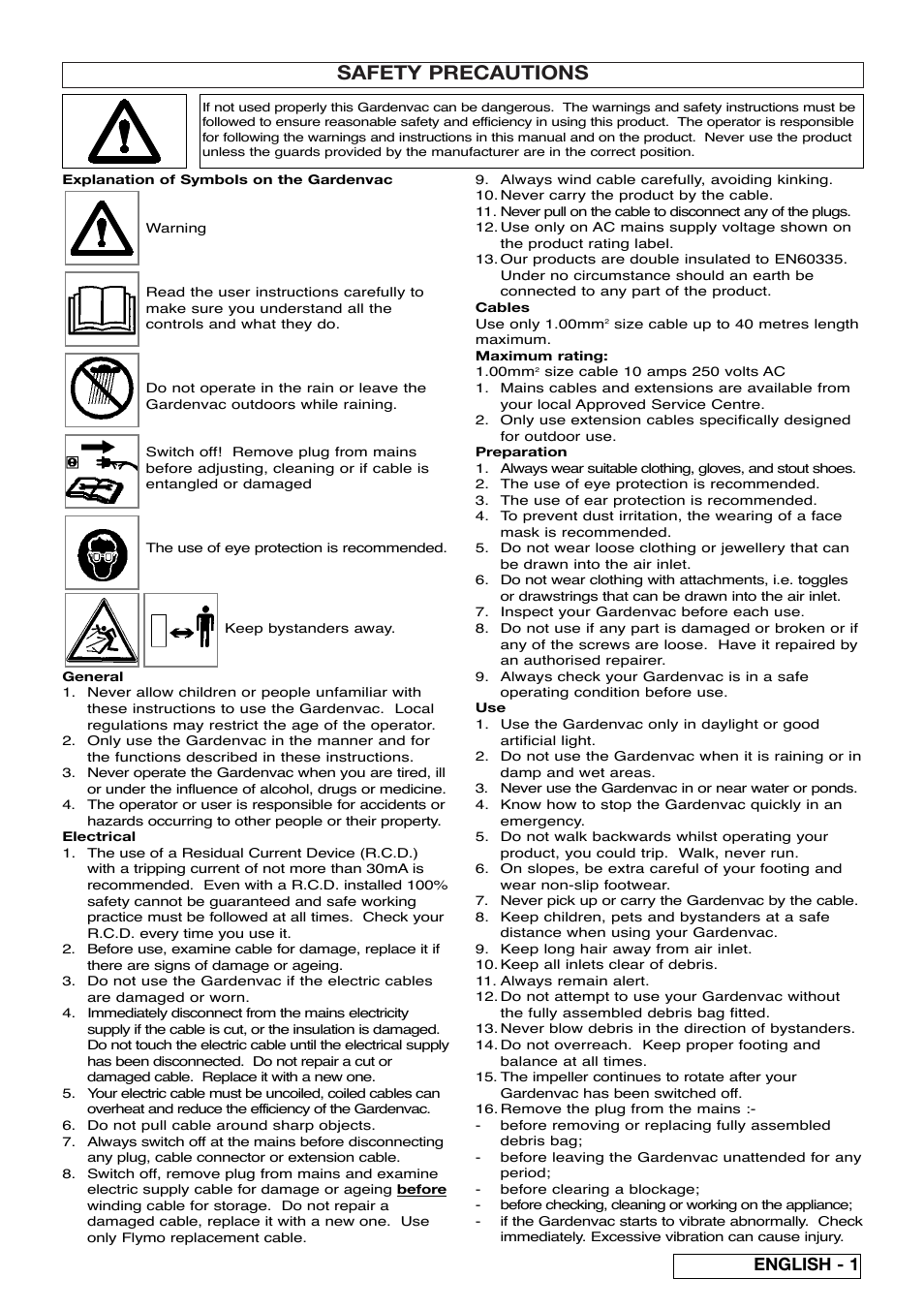 Safety precautions, English - 1 | Flymo SCIROCCO 2200 User Manual | Page 7 / 52