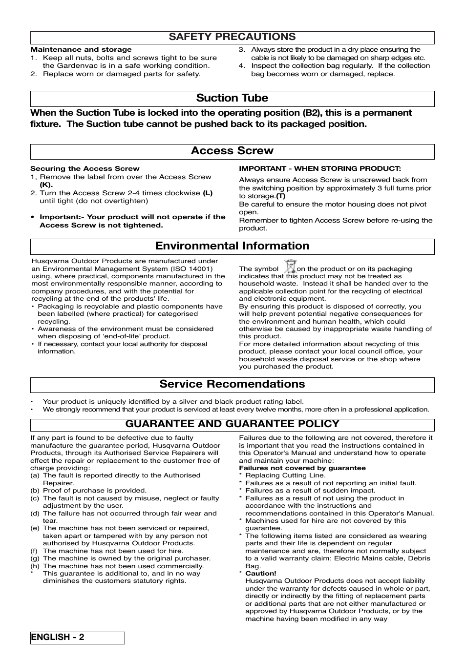 Environmental information, Service recomendations, Access screw | Suction tube, Safety precautions, Guarantee and guarantee policy, English - 2 | Flymo SCIROCCO 2200 User Manual | Page 8 / 52