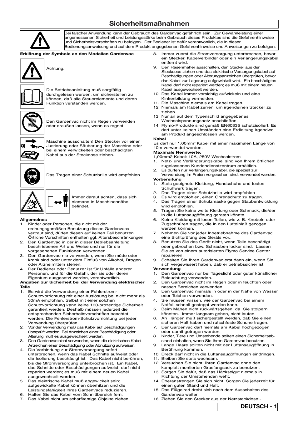 Sicherheitsmaßnahmen, Deutsch - 1 | Flymo SCIROCCO 2200 User Manual | Page 9 / 52
