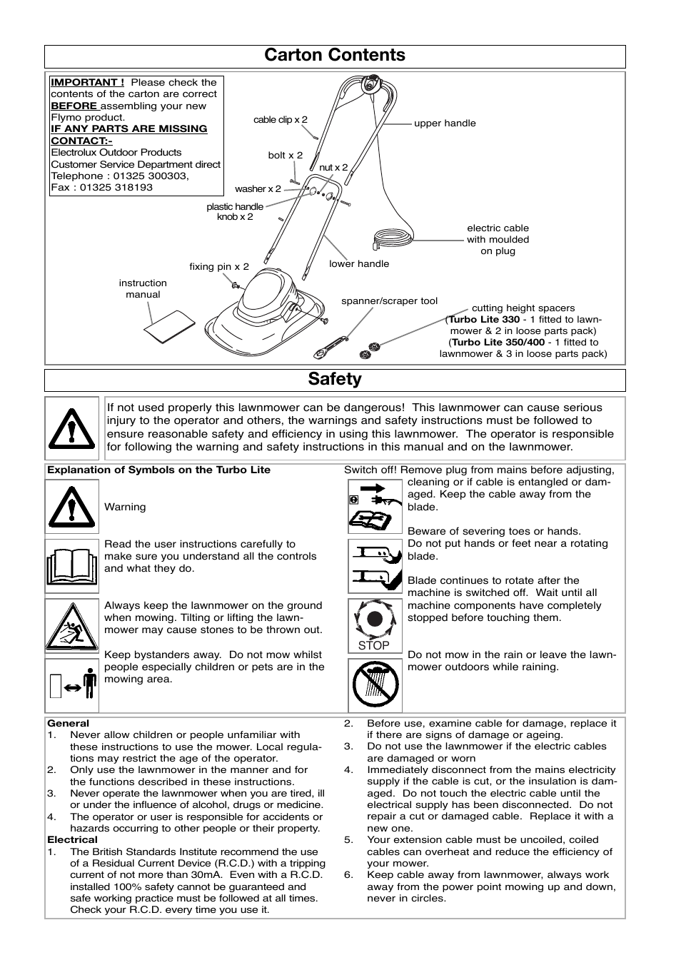 Carton contents, Safety | Flymo Turbo Lite 350/400 User Manual | Page 2 / 8