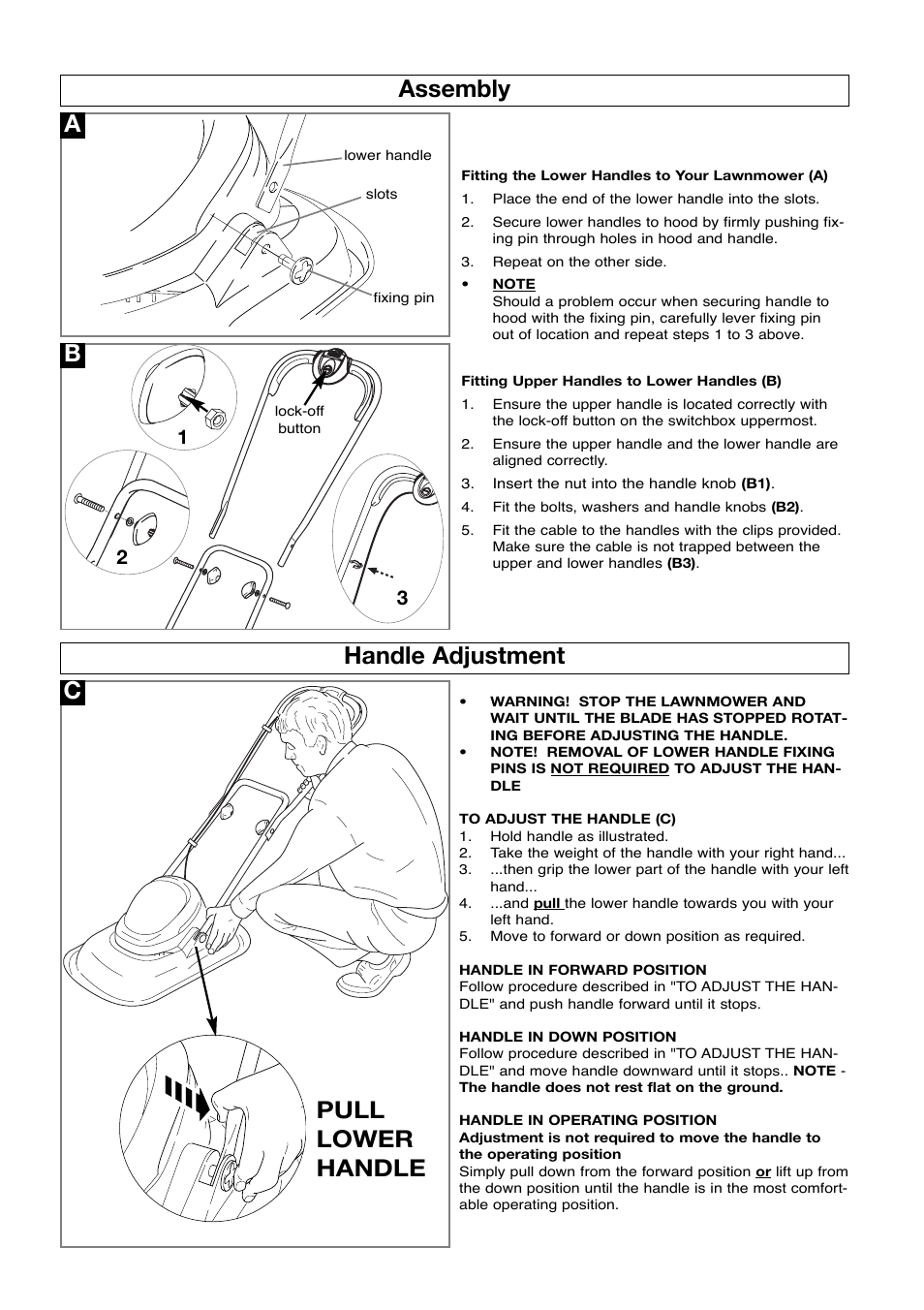 Assembly, Handle adjustment, Assembly handle adjustment c pull lower handle | Flymo Turbo Lite 350/400 User Manual | Page 4 / 8