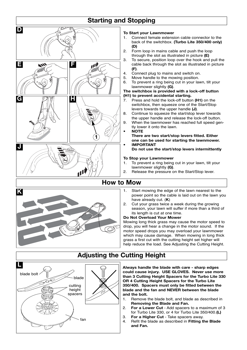 Starting and stopping, How to mow, Adjusting the cutting height | Dhow to mow k, Adjusting the cutting height l | Flymo Turbo Lite 350/400 User Manual | Page 5 / 8