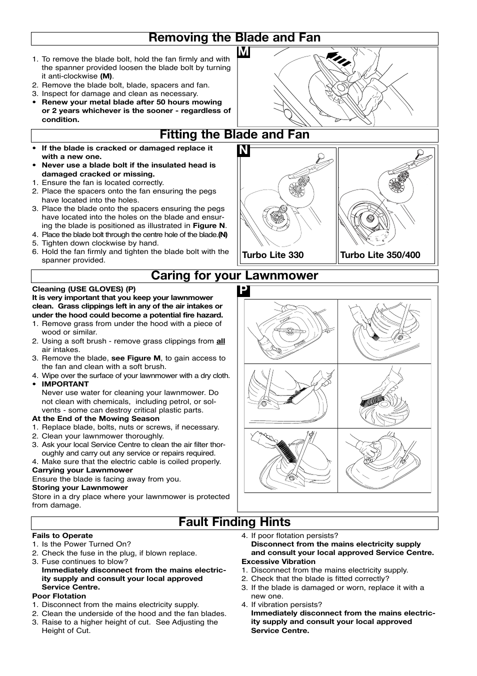 Removing the blade and fan, Fitting the blade and fan, Caring for your lawnmower | Fault finding hints, Mfitting the blade and fan, Pfault finding hints | Flymo Turbo Lite 350/400 User Manual | Page 6 / 8