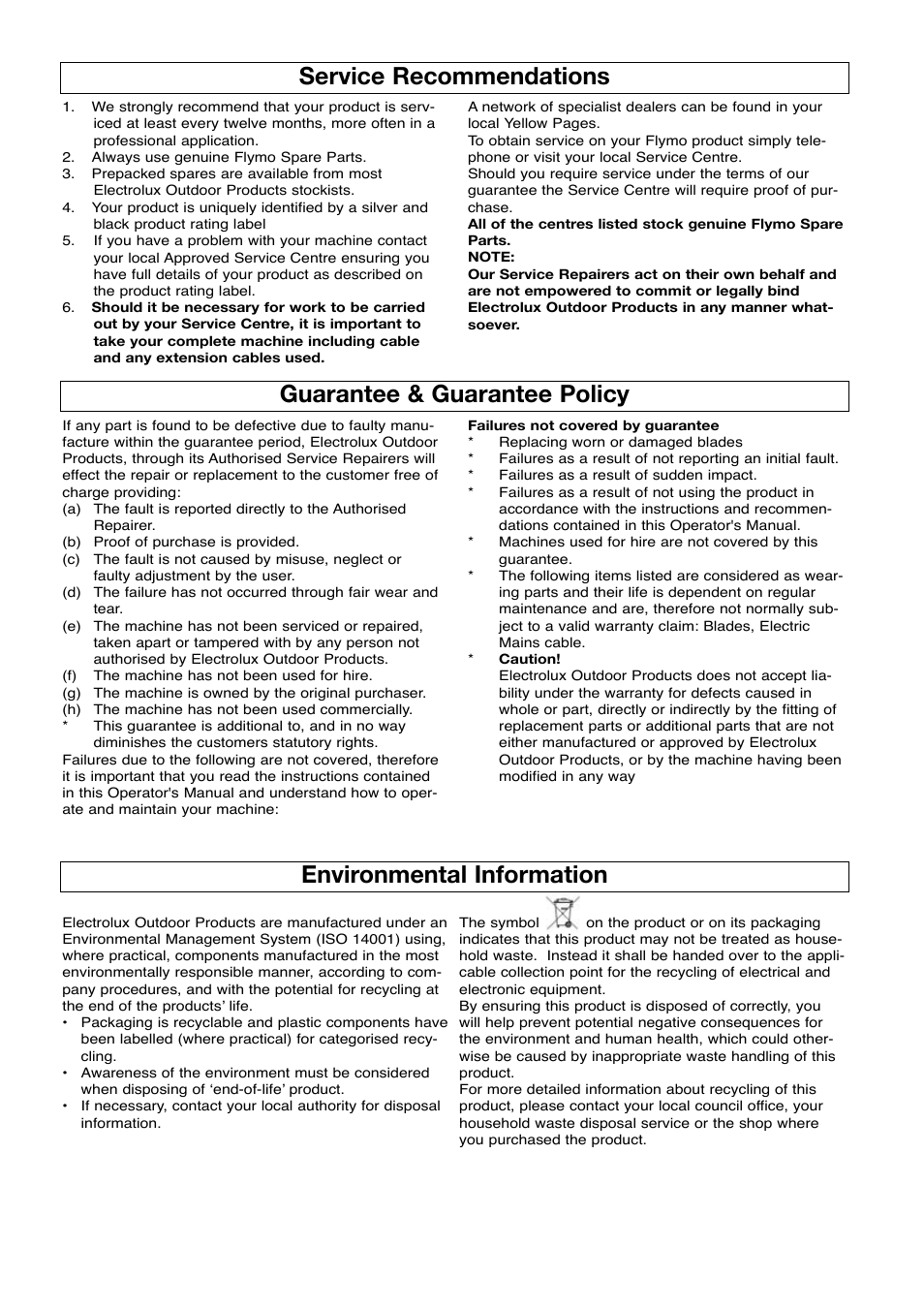 Service recommendations, Guarantee & guarantee policy, Environmental information | Flymo Turbo Lite 350/400 User Manual | Page 7 / 8
