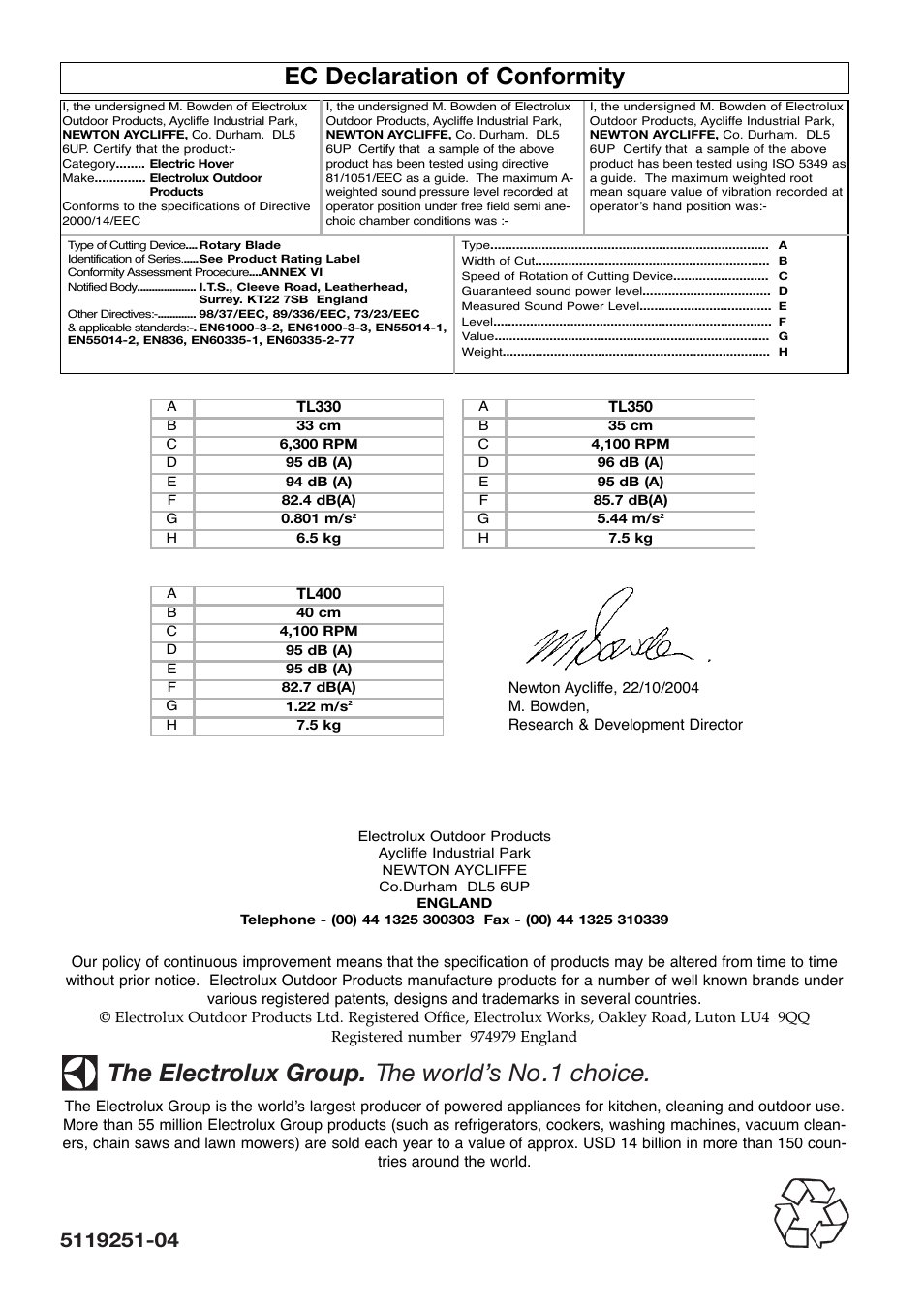 Ec declaration of conformity, The electrolux group. the world’s no.1 choice | Flymo Turbo Lite 350/400 User Manual | Page 8 / 8
