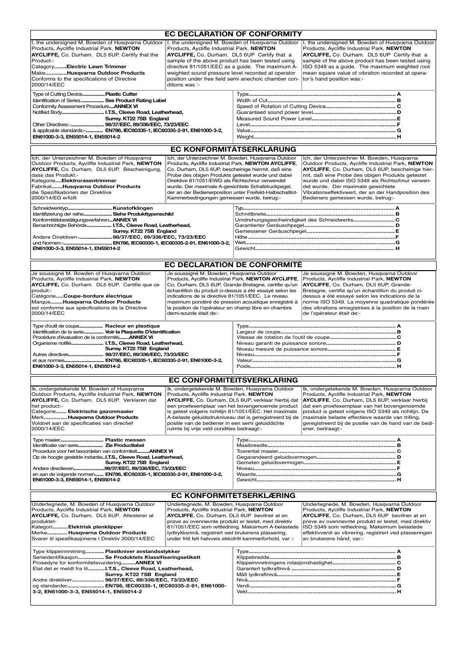 Ec declaration of conformity, Ec konformitätserklärung, Ec konformitetserklæring | Flymo Micro Lite 5119627-03 User Manual | Page 5 / 9