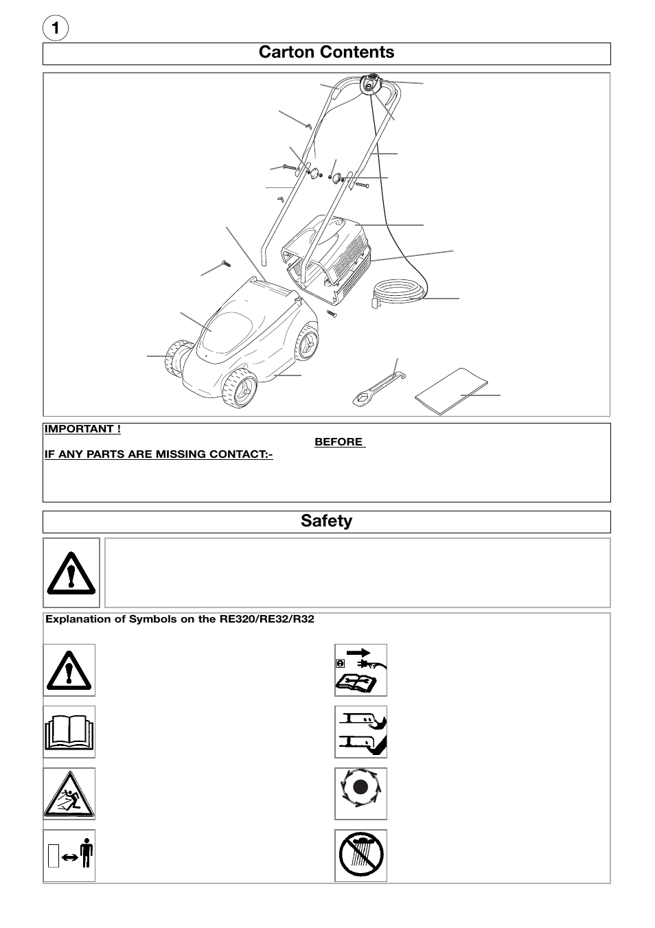 1carton contents, Safety | Flymo R32 User Manual | Page 2 / 8