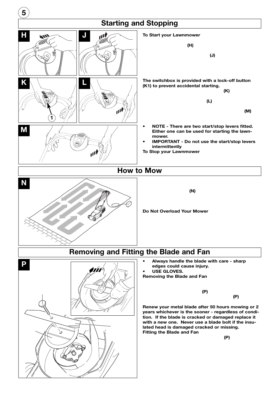 5h j m starting and stopping, How to mow n, Removing and fitting the blade and fan | Flymo R32 User Manual | Page 6 / 8