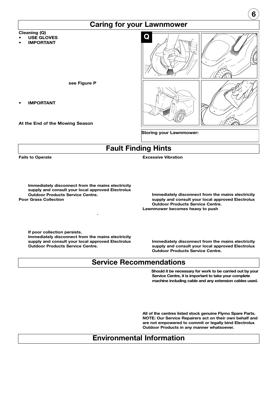6fault finding hints, Caring for your lawnmower, Qservice recommendations | Environmental information | Flymo R32 User Manual | Page 7 / 8