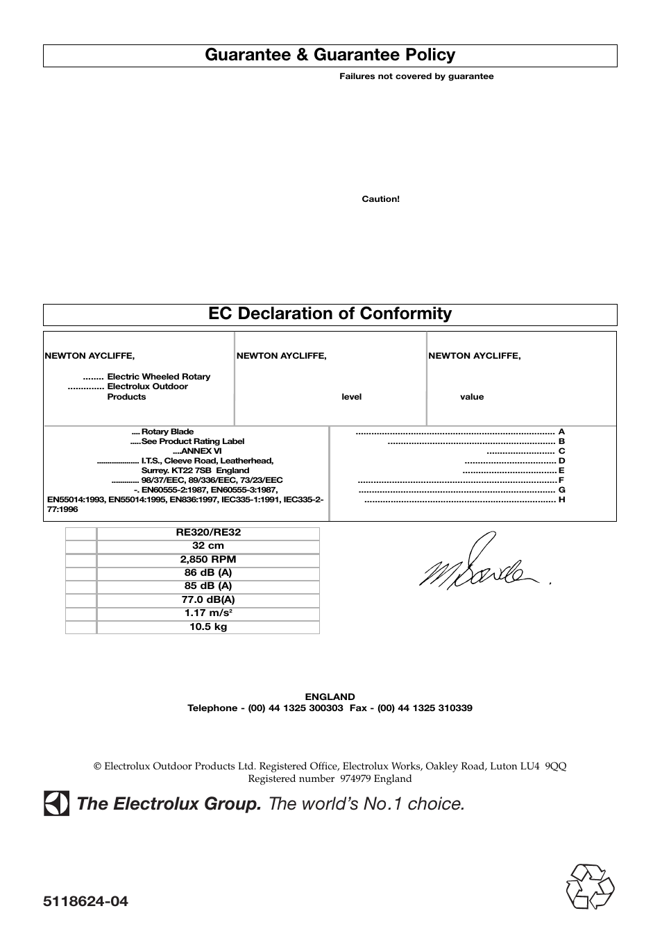 The electrolux group. the world’s no.1 choice, Guarantee & guarantee policy, Ec declaration of conformity | Flymo R32 User Manual | Page 8 / 8