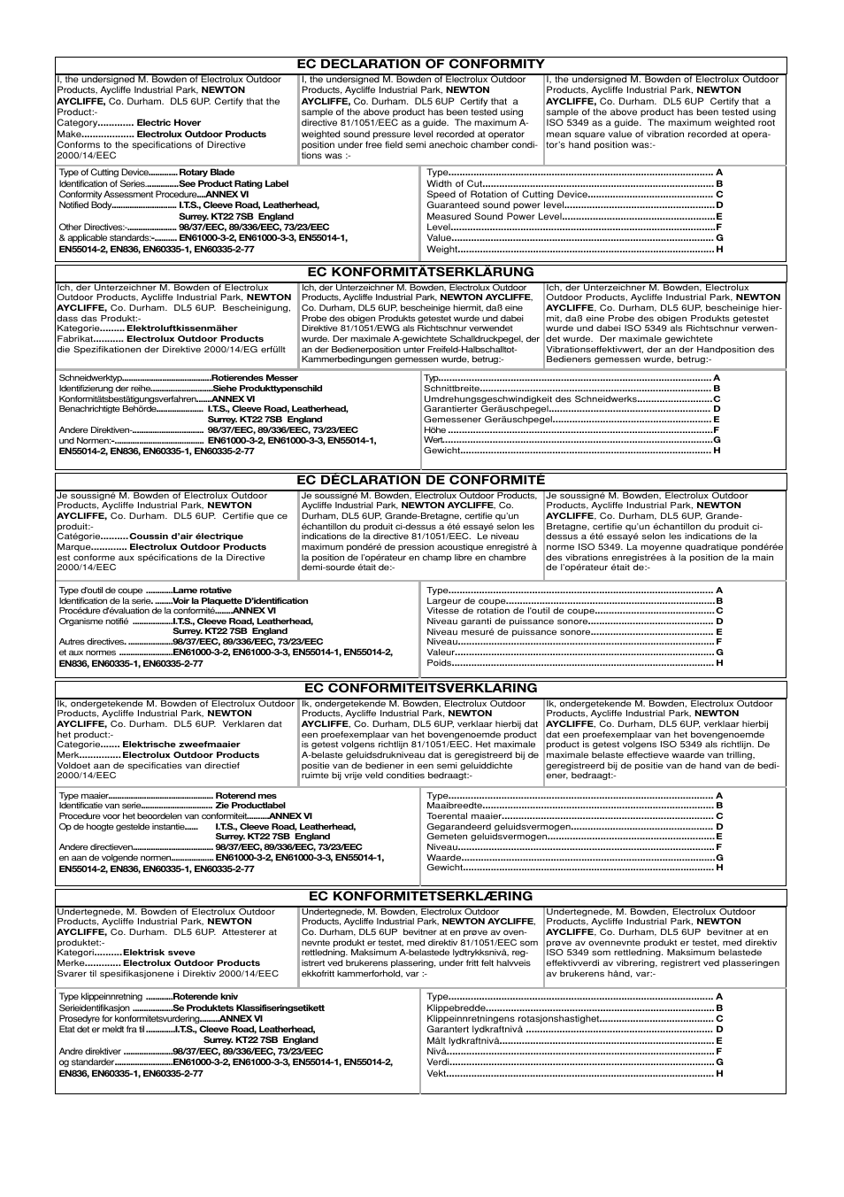 Ec declaration of conformity, Ec konformitätserklärung, Ec konformitetserklæring | Flymo TURBO LITE 400 User Manual | Page 5 / 9