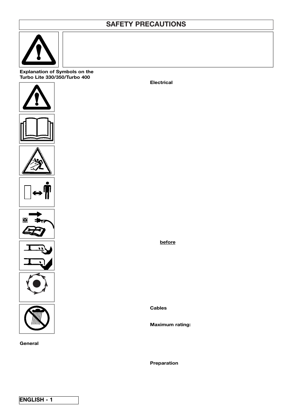 Safety precautions, Stop, English - 1 | Flymo Turbo 400 User Manual | Page 6 / 11