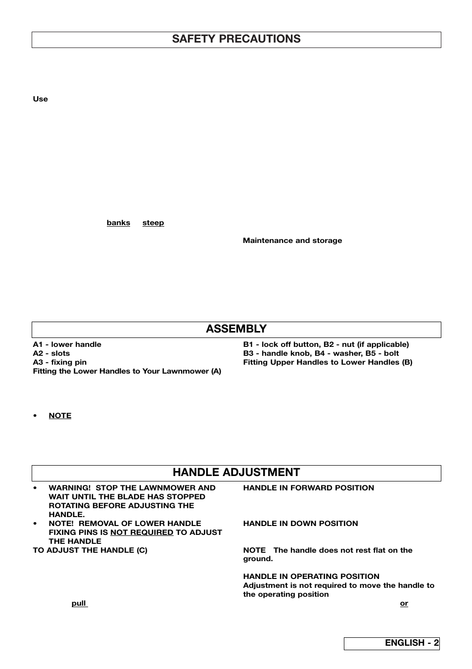 Safety precautions, Assembly, Handle adjustment | English - 2 | Flymo Turbo 400 User Manual | Page 7 / 11