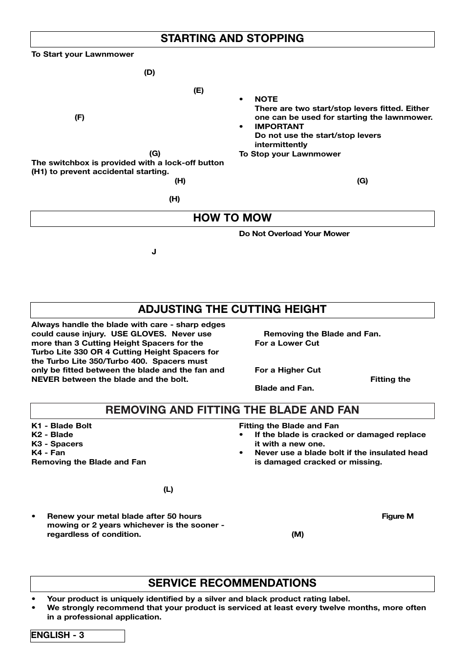 Removing and fitting the blade and fan, How to mow, Starting and stopping | Adjusting the cutting height, Service recommendations | Flymo Turbo 400 User Manual | Page 8 / 11