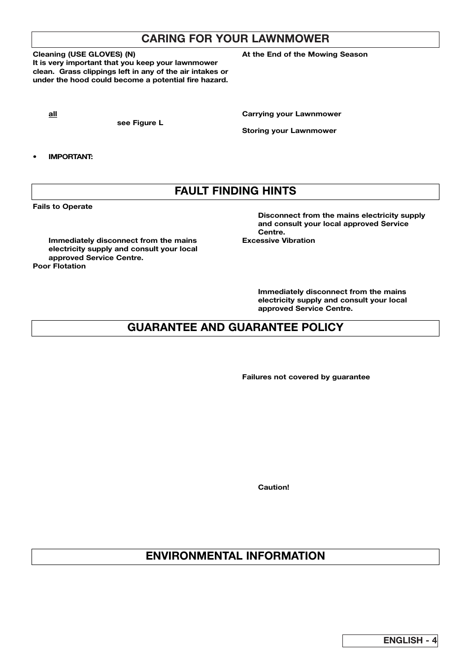 Caring for your lawnmower, Fault finding hints, Guarantee and guarantee policy | Environmental information, English - 4 | Flymo Turbo 400 User Manual | Page 9 / 11
