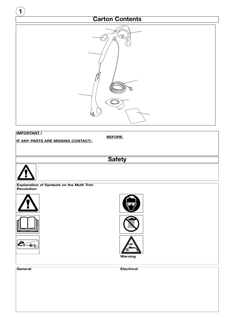 1carton contents, Safety | Flymo Multi-Trim Edger And Trimmer User Manual | Page 2 / 8