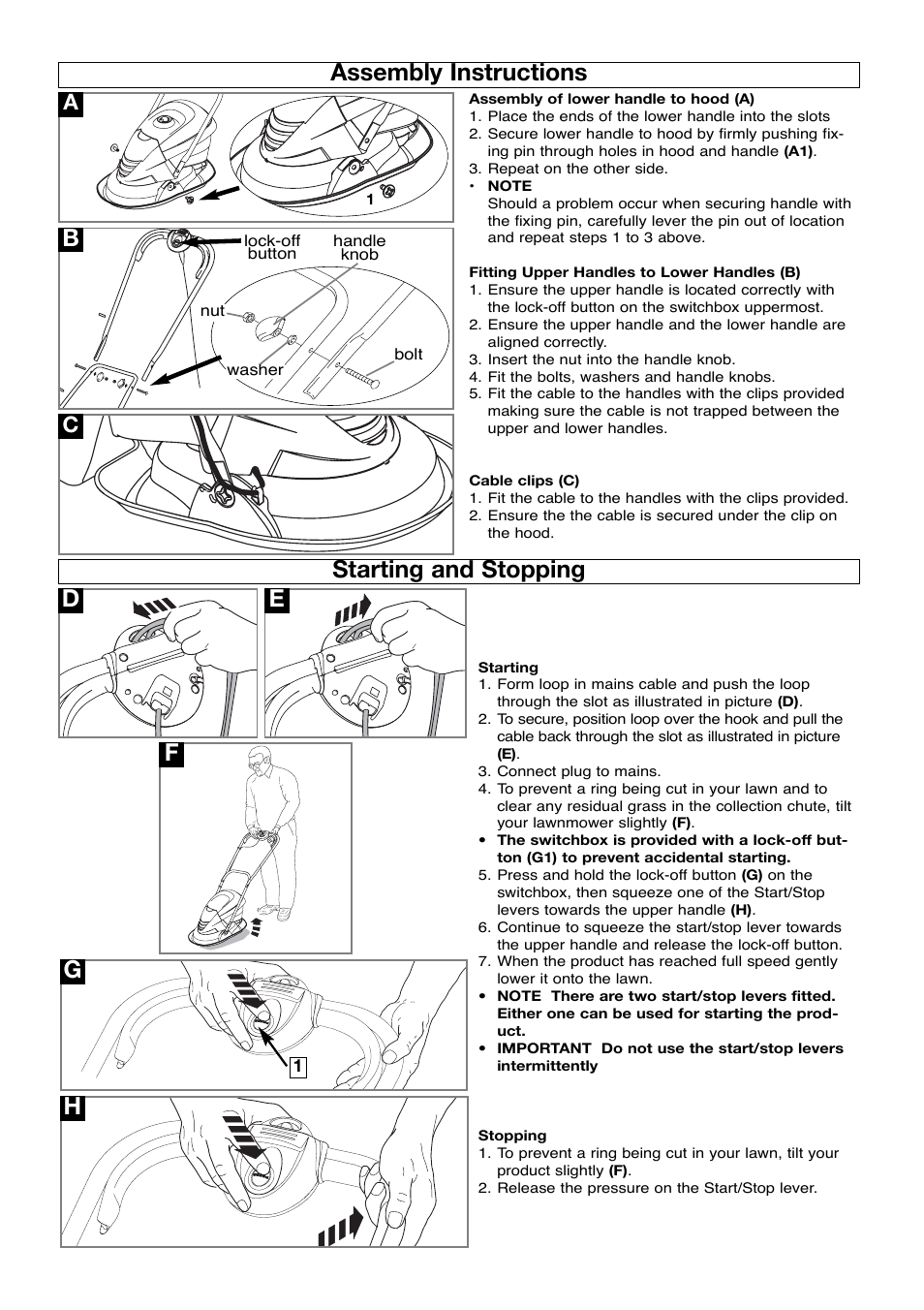 Assembly instructions, Starting and stopping, Df g h e | Flymo Trmmer User Manual | Page 4 / 8