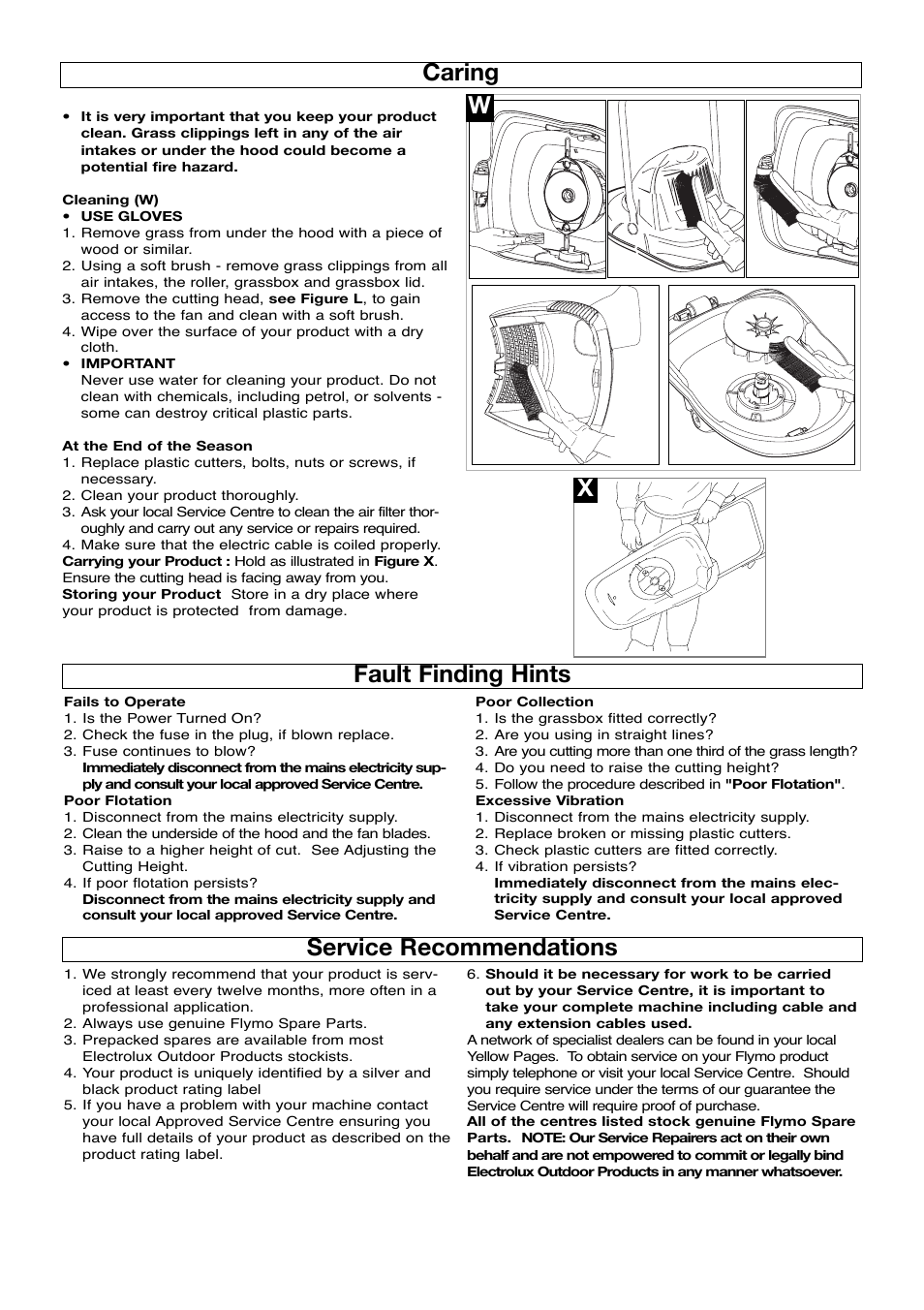 Caring, Fault finding hints, Service recommendations | Wfault finding hints x | Flymo Trmmer User Manual | Page 7 / 8