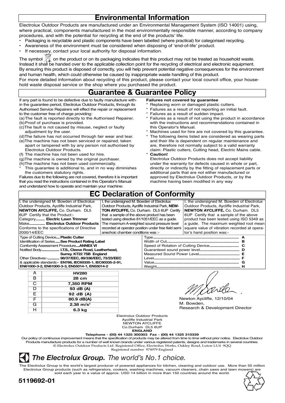 Environmental information, Guarantee & guarantee policy, Ec declaration of conformity | The electrolux group. the world’s no.1 choice | Flymo Trmmer User Manual | Page 8 / 8