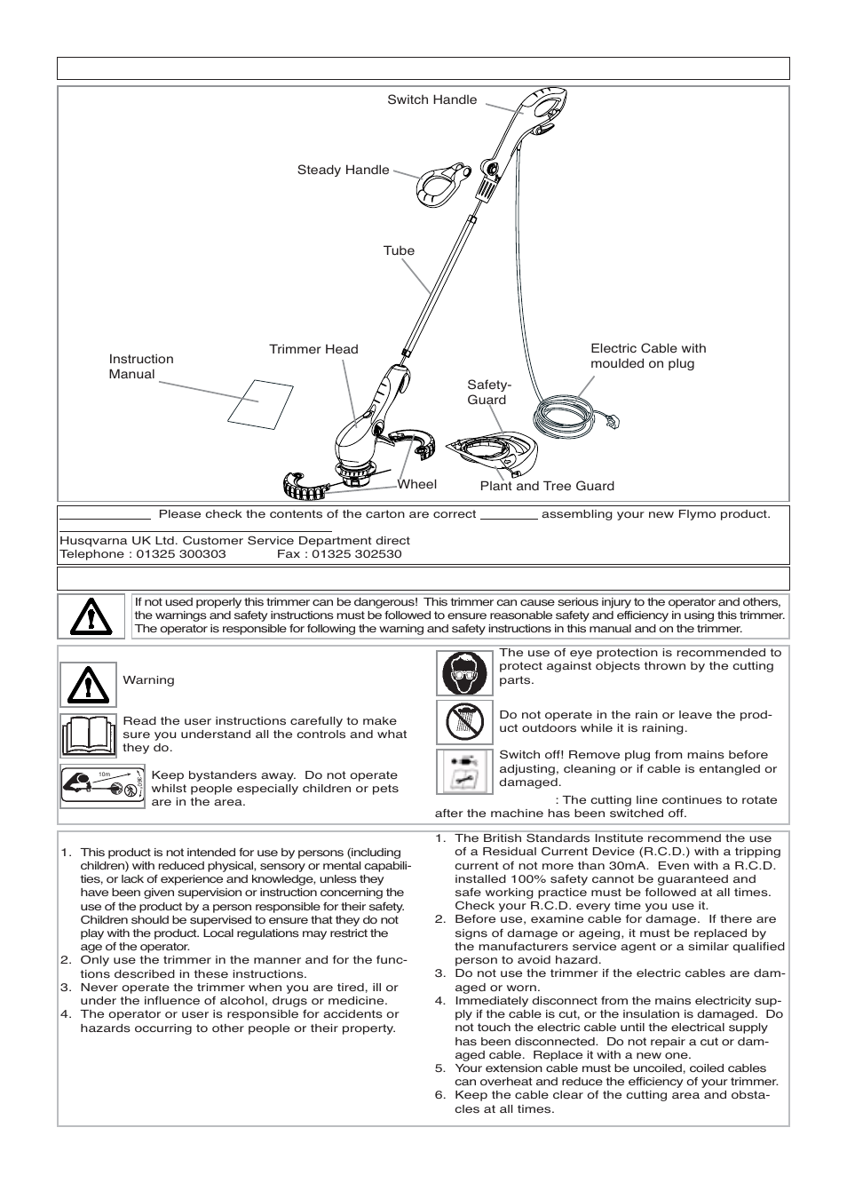 Carton contents, Safety | Flymo CONTOUR 500 XT User Manual | Page 2 / 9