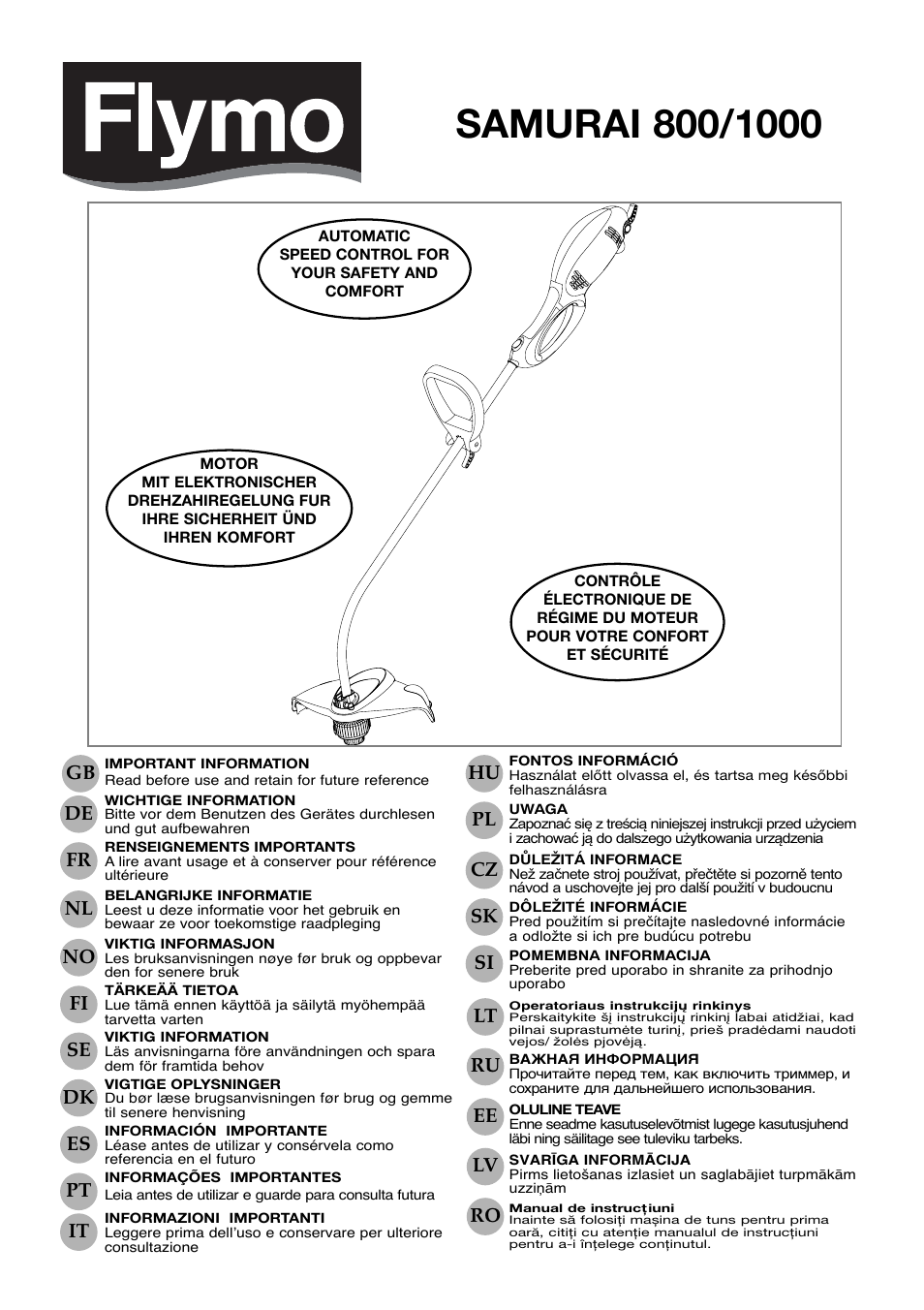 Flymo Samurai 800/1000 User Manual | 52 pages