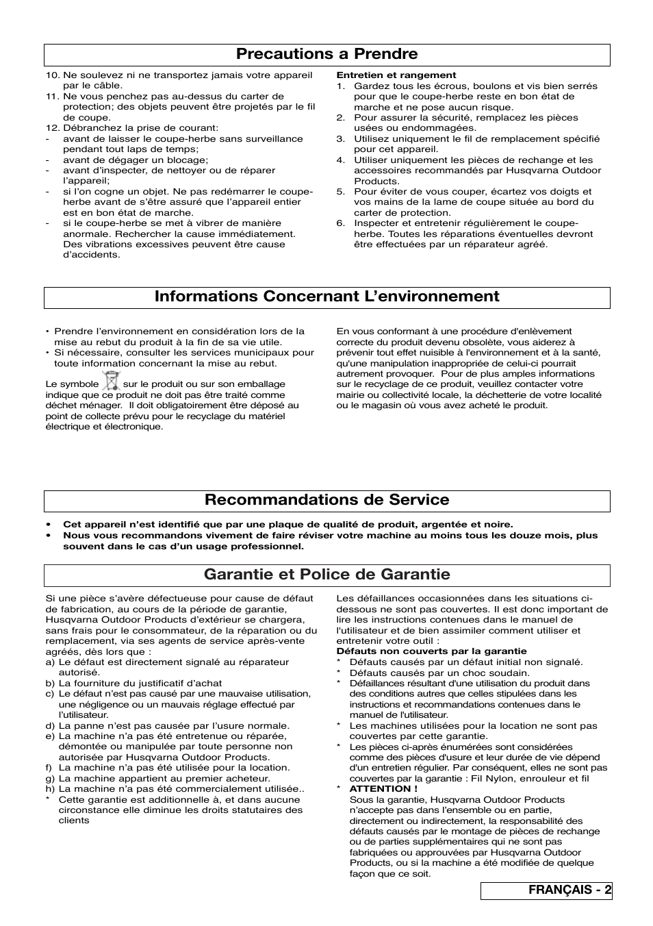Garantie et police de garantie, Informations concernant l’environnement, Recommandations de service | Precautions a prendre, Français - 2 | Flymo Samurai 800/1000 User Manual | Page 11 / 52