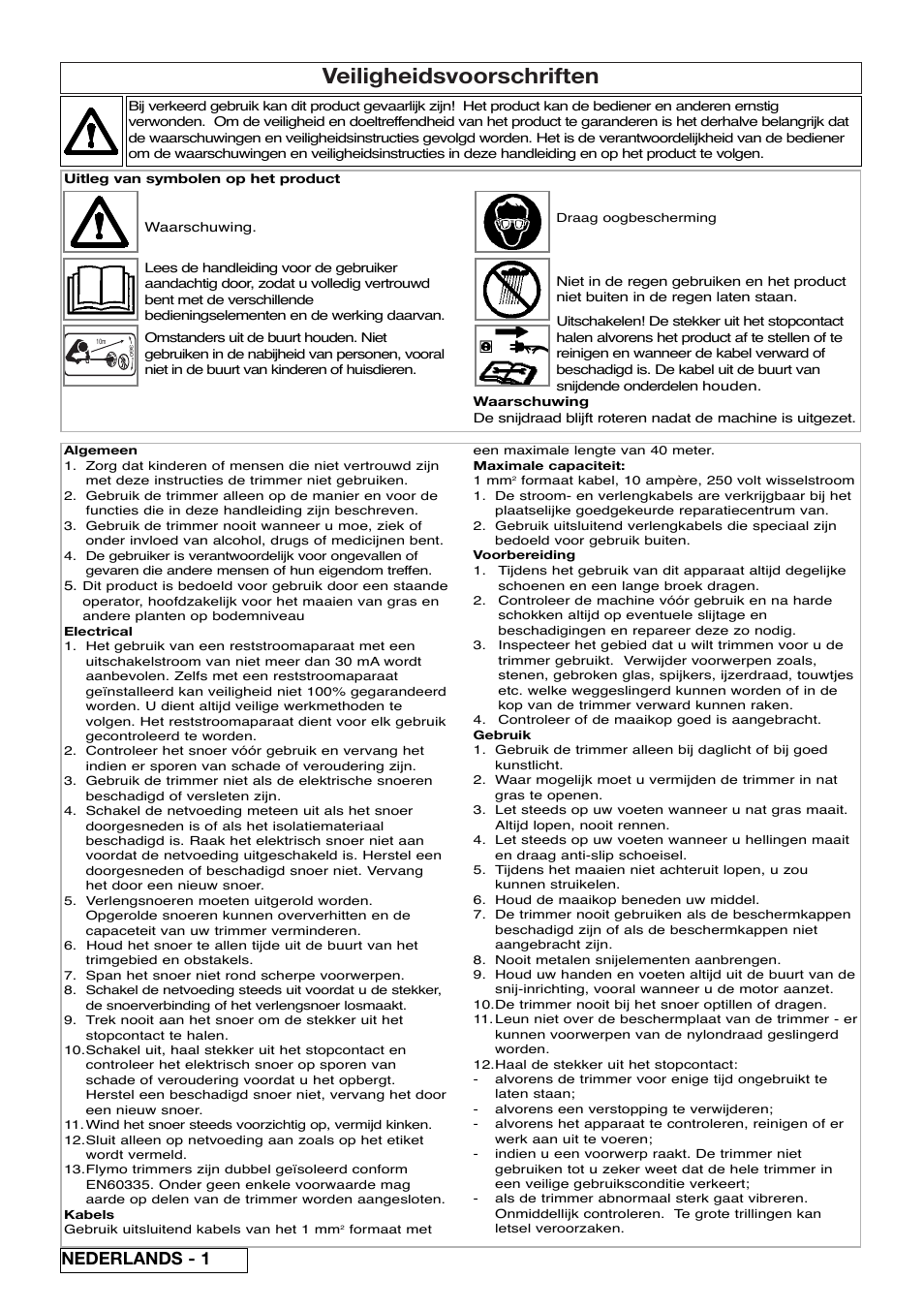 Veiligheidsvoorschriften, Nederlands - 1 | Flymo Samurai 800/1000 User Manual | Page 12 / 52
