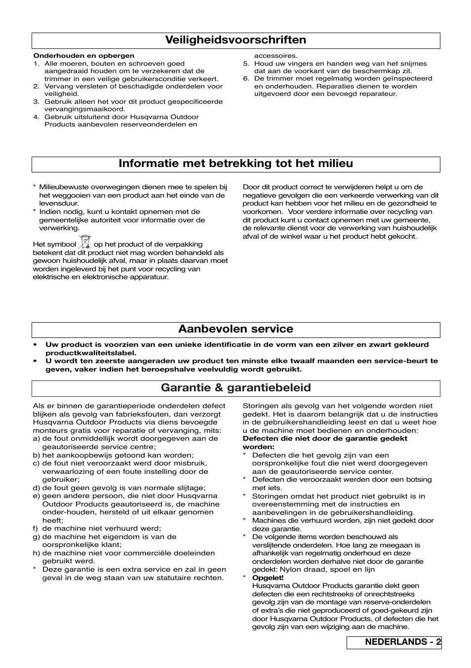 Garantie & garantiebeleid, Informatie met betrekking tot het milieu, Aanbevolen service | Veiligheidsvoorschriften, Nederlands - 2 | Flymo Samurai 800/1000 User Manual | Page 13 / 52
