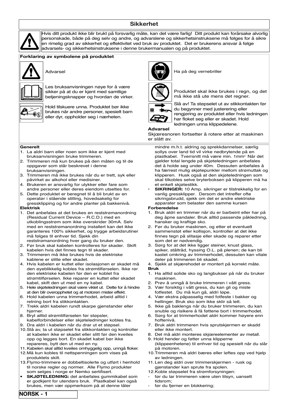 Sikkerhet, Norsk - 1 | Flymo Samurai 800/1000 User Manual | Page 14 / 52