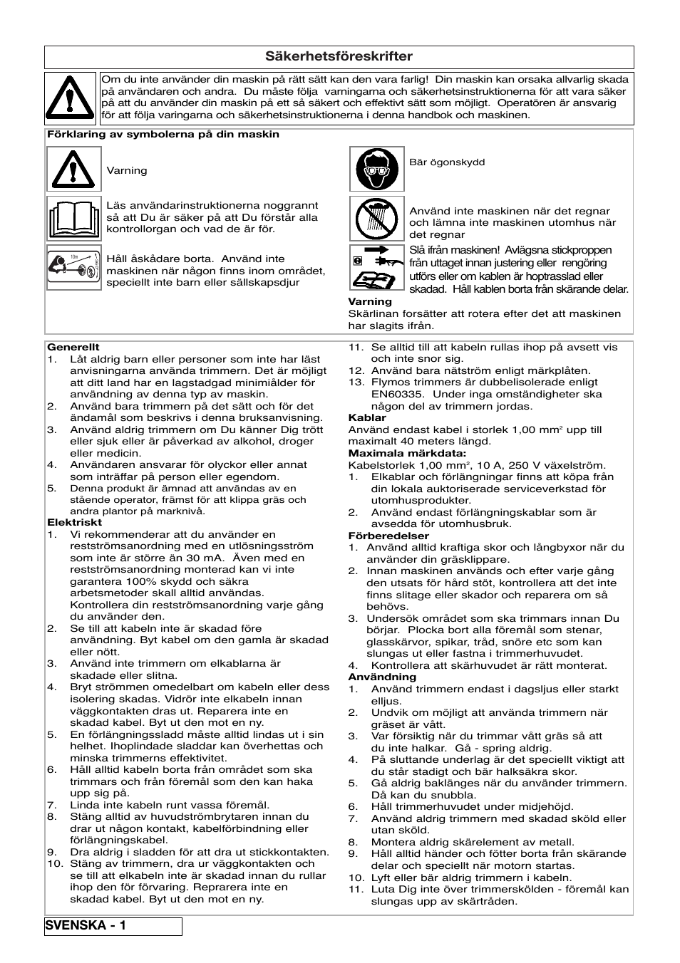 Säkerhetsföreskrifter, Svenska - 1 | Flymo Samurai 800/1000 User Manual | Page 18 / 52