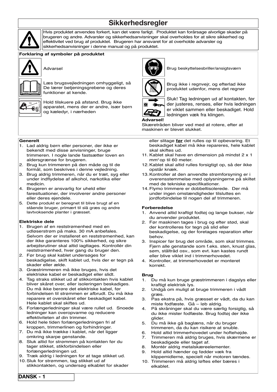 Sikkerhedsregler, Dansk - 1 | Flymo Samurai 800/1000 User Manual | Page 20 / 52