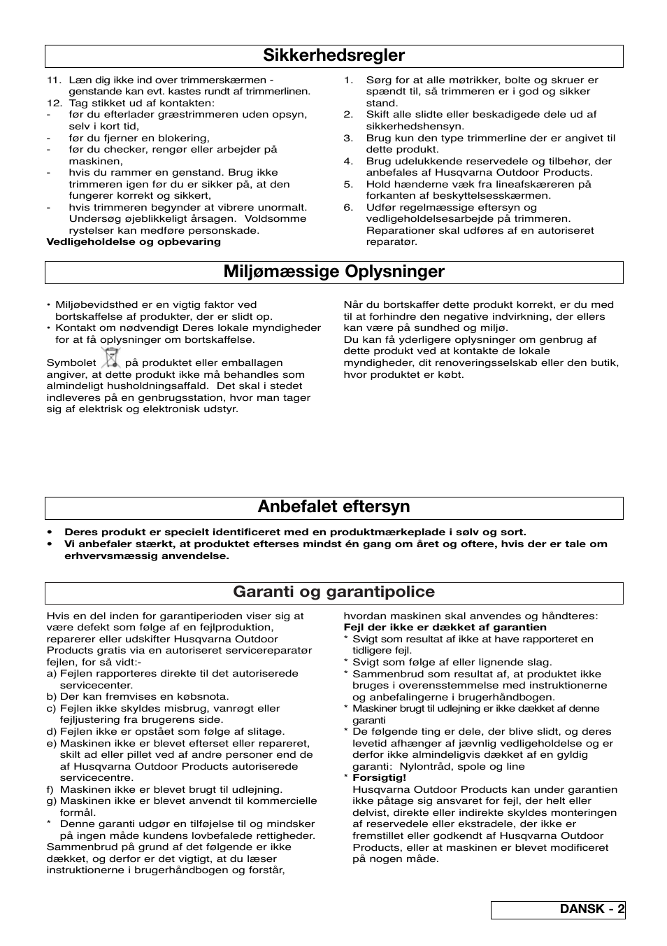 Miljømæssige oplysninger, Anbefalet eftersyn, Sikkerhedsregler | Garanti og garantipolice, Dansk - 2 | Flymo Samurai 800/1000 User Manual | Page 21 / 52