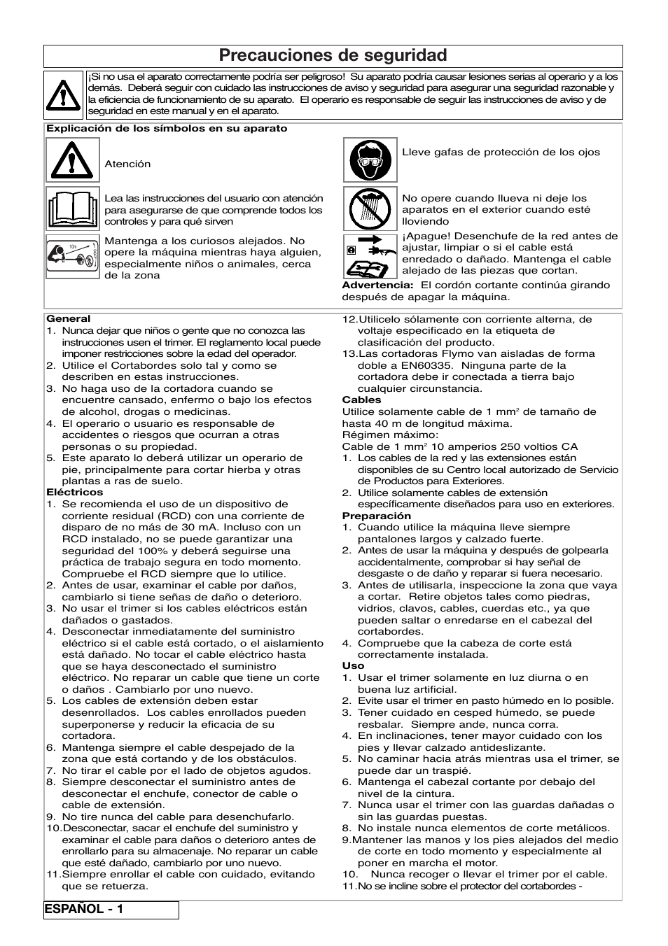 Precauciones de seguridad, Español - 1 | Flymo Samurai 800/1000 User Manual | Page 22 / 52