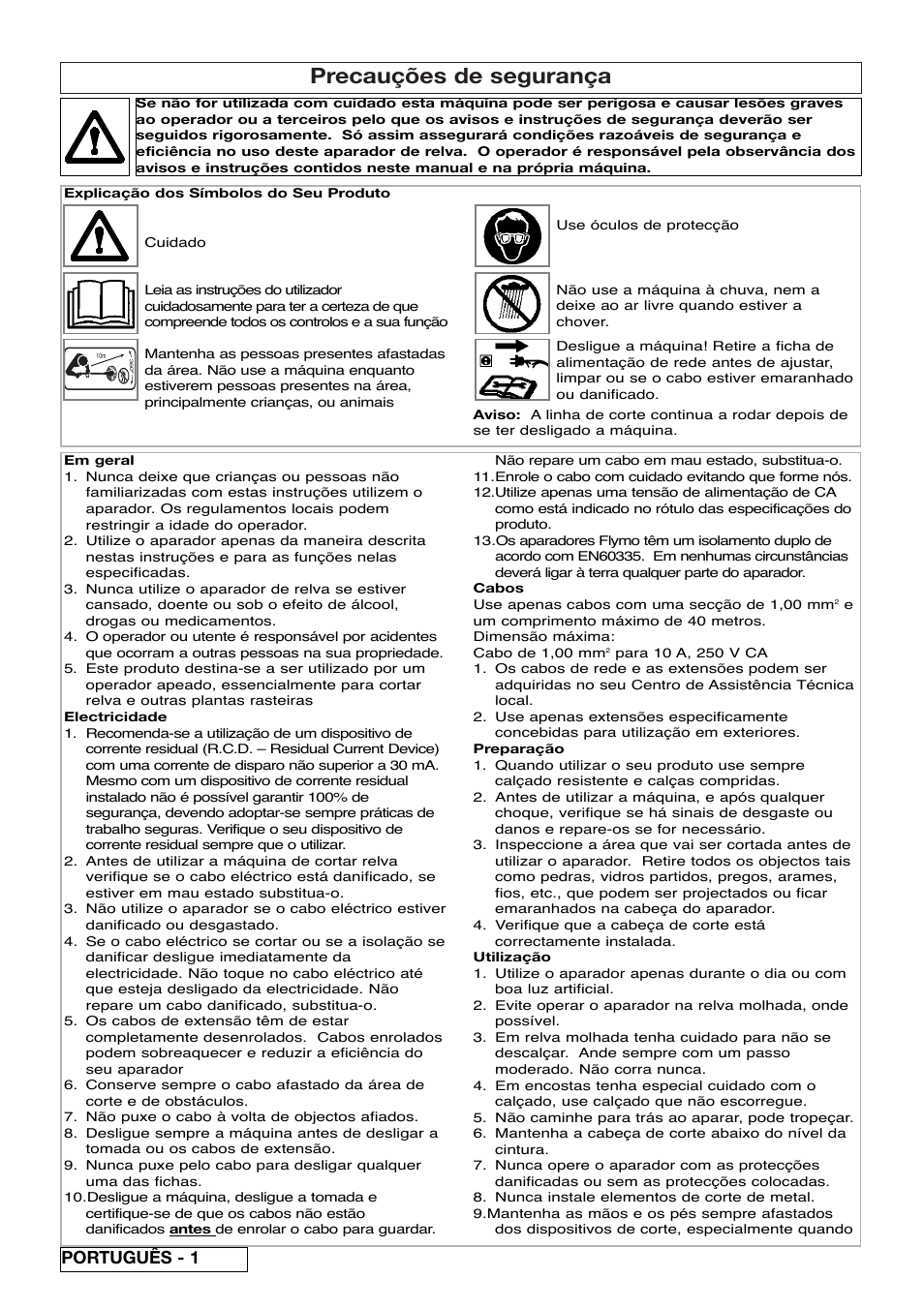 Precauções de segurança, Português - 1 | Flymo Samurai 800/1000 User Manual | Page 24 / 52
