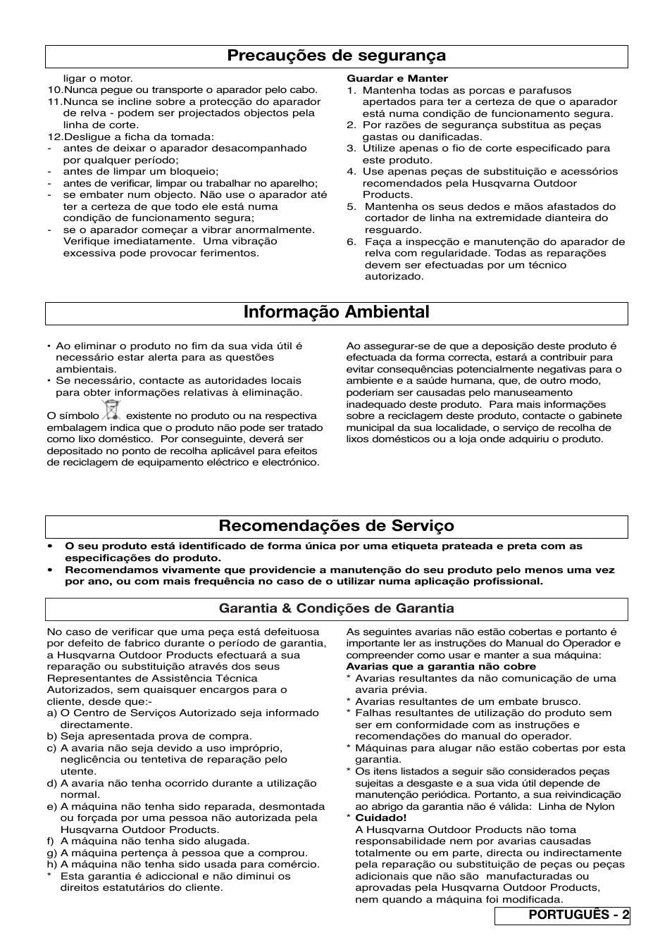 Informação ambiental, Recomendações de serviço, Precauções de segurança | Garantia & condições de garantia, Português - 2 | Flymo Samurai 800/1000 User Manual | Page 25 / 52