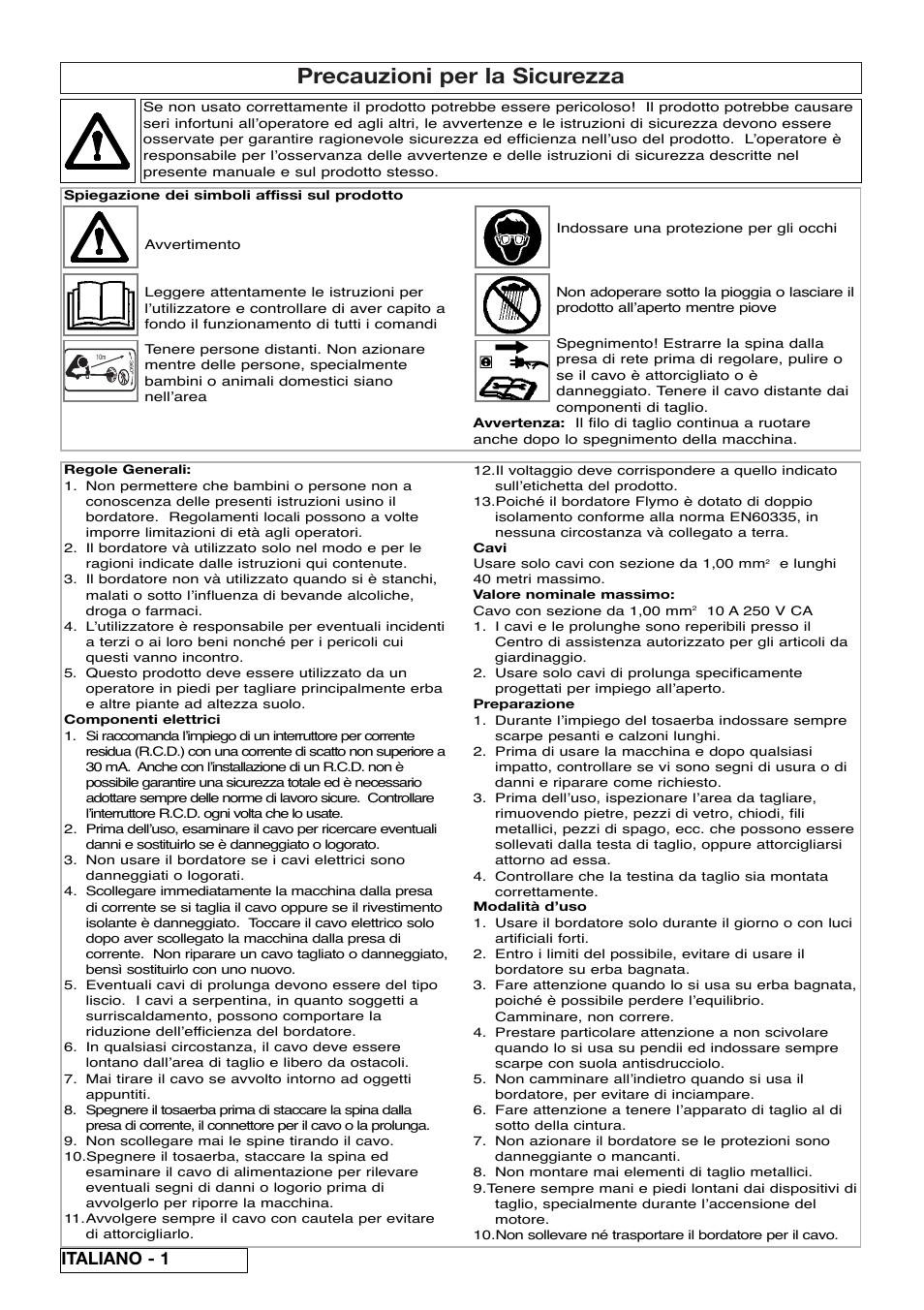 Precauzioni per la sicurezza, Italiano - 1 | Flymo Samurai 800/1000 User Manual | Page 26 / 52