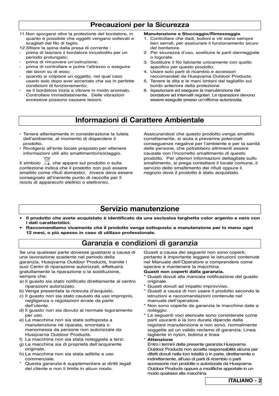 Garanzia e condizioni di garanzia, Informazioni di carattere ambientale, Servizio manutenzione | Precauzioni per la sicurezza, Italiano - 2 | Flymo Samurai 800/1000 User Manual | Page 27 / 52