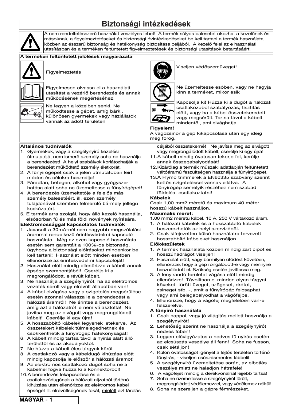 Biztonsági intézkedések, Magyar - 1 | Flymo Samurai 800/1000 User Manual | Page 28 / 52