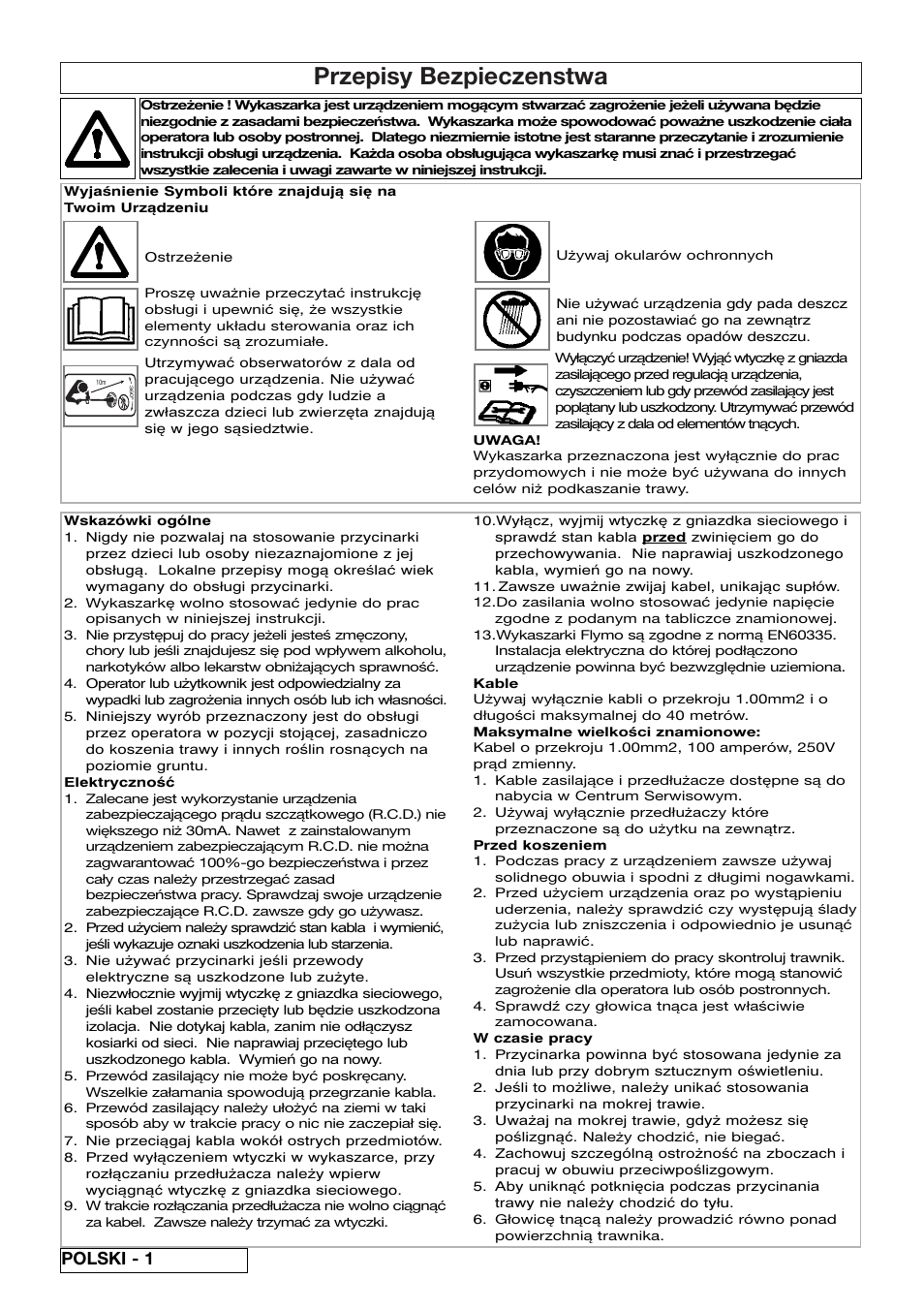 Przepisy bezpieczenstwa, Polski - 1 | Flymo Samurai 800/1000 User Manual | Page 30 / 52