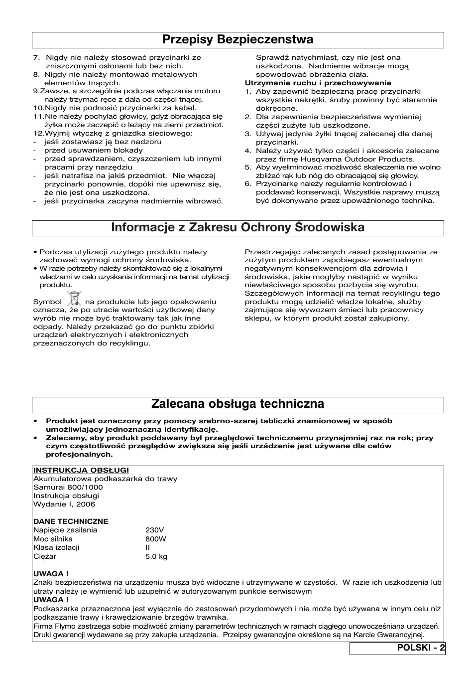 Informacje z zakresu ochrony środowiska, Zalecana obsługa techniczna, Przepisy bezpieczenstwa | Polski - 2 | Flymo Samurai 800/1000 User Manual | Page 31 / 52