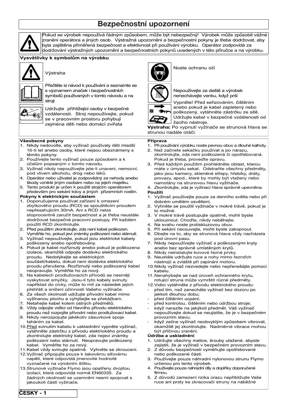 Bezpečnostní upozornení, Česky - 1 | Flymo Samurai 800/1000 User Manual | Page 32 / 52