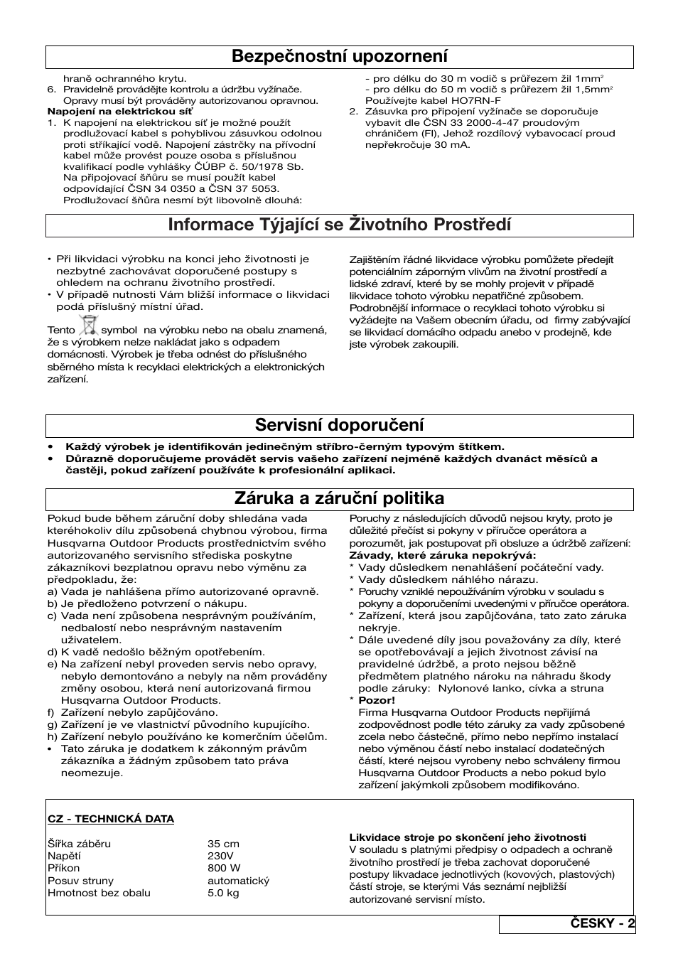 Informace týjající se životního prostředí, Záruka a záruční politika, Servisní doporučení | Bezpečnostní upozornení, Česky - 2 | Flymo Samurai 800/1000 User Manual | Page 33 / 52
