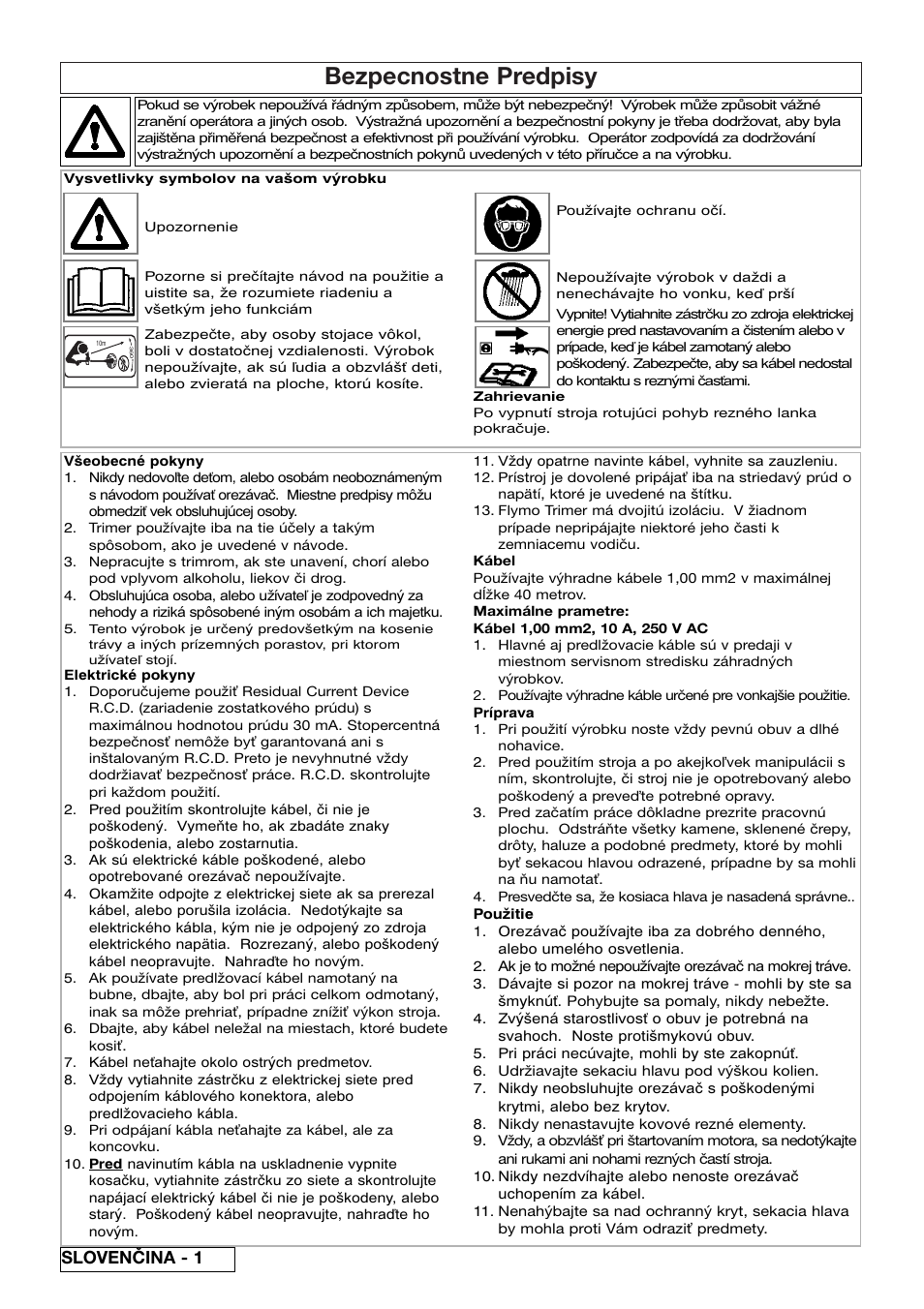 Bezpecnostne predpisy, Slovenčina - 1 | Flymo Samurai 800/1000 User Manual | Page 34 / 52