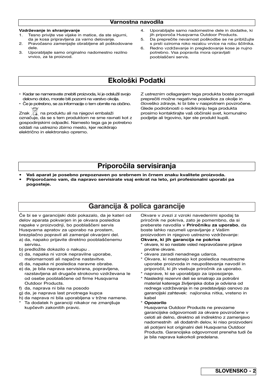 Garancija & polica garancije, Ekološki podatki, Priporočila servisiranja | Slovensko - 2, Varnostna navodila | Flymo Samurai 800/1000 User Manual | Page 37 / 52