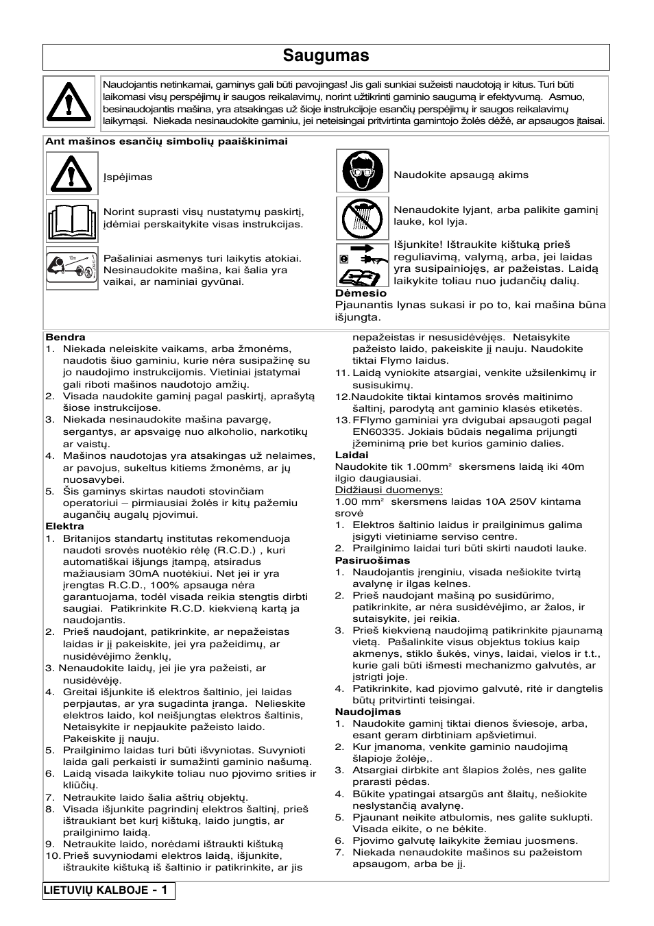 Saugumas | Flymo Samurai 800/1000 User Manual | Page 38 / 52