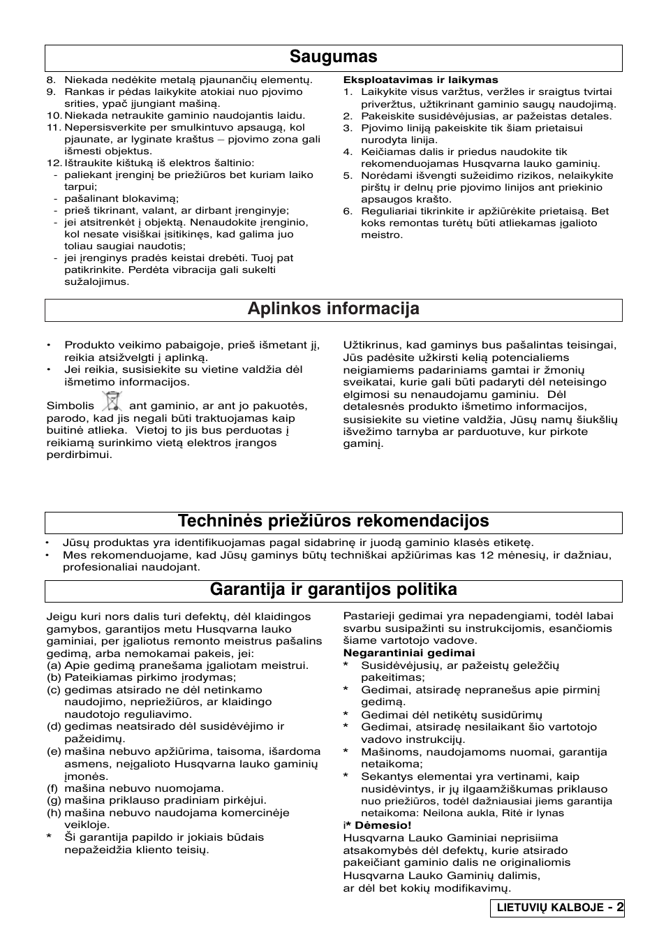 Aplinkos informacija, Garantija ir garantijos politika, Techninės priežiūros rekomendacijos | Saugumas | Flymo Samurai 800/1000 User Manual | Page 39 / 52